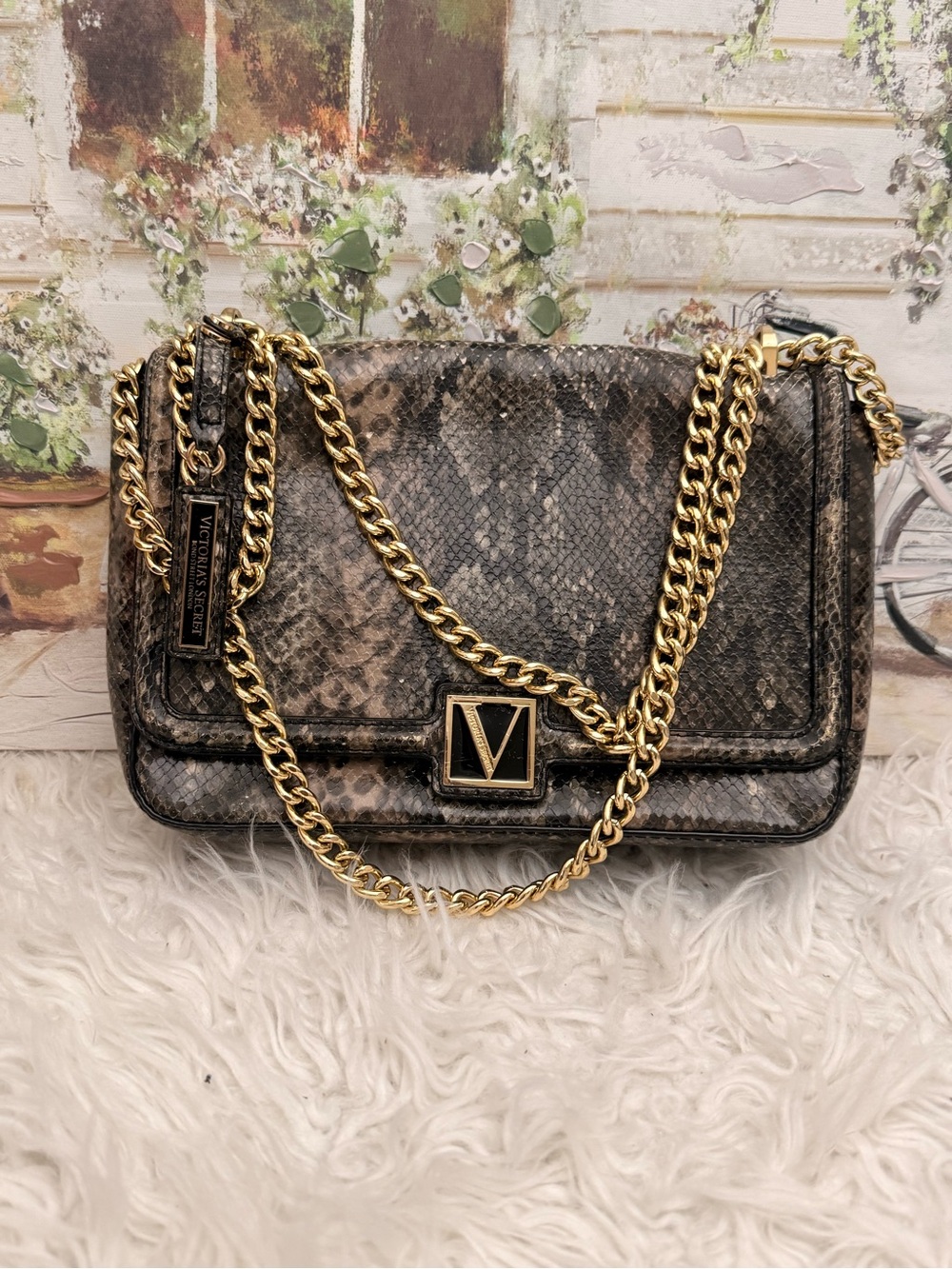 Victoria's Secret Snake-Print Crossbody Bag in Gray and Black with Gold Chain